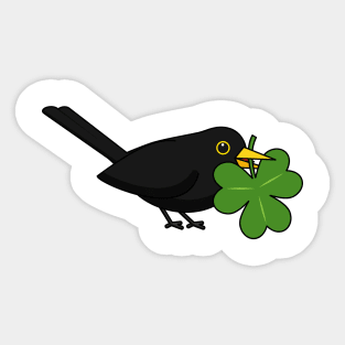 Cute Blackbird with Shamrock Clover Cartoon Sticker